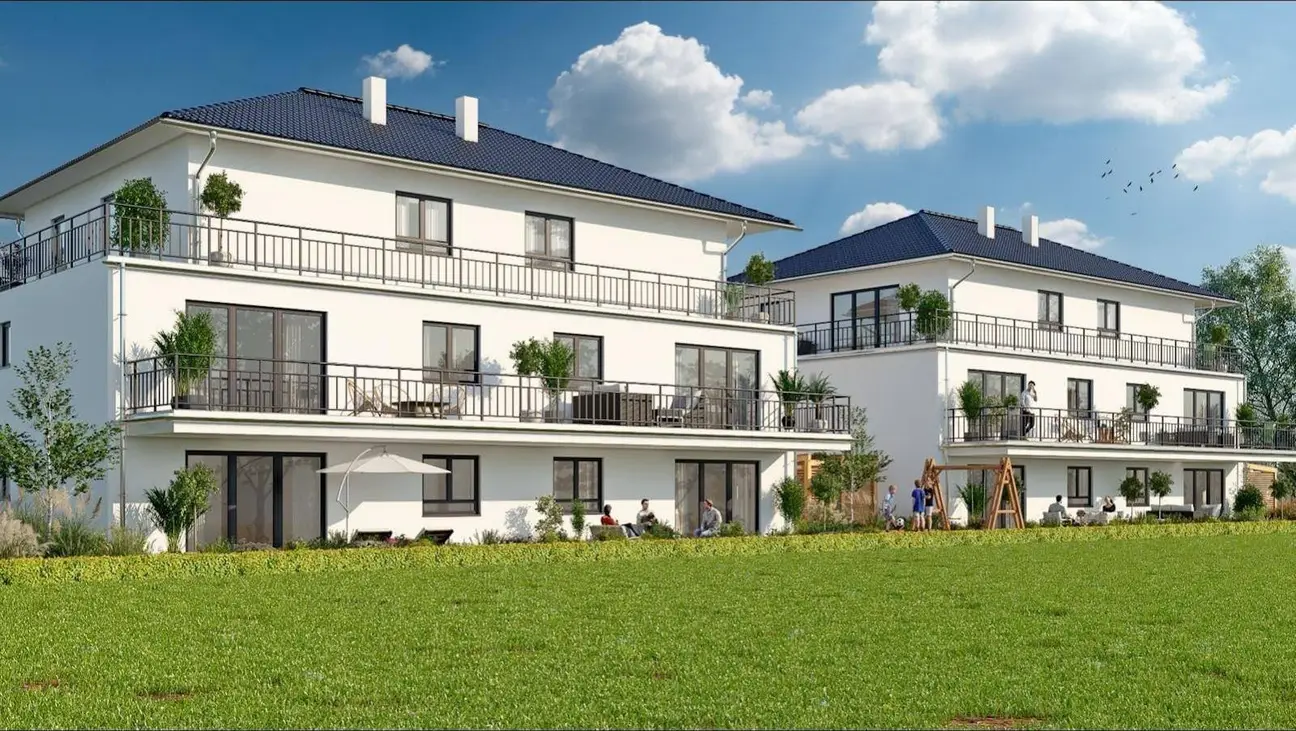 Visualisierung der Neubauwohnungen in Aalen-Unterkochen mit Balkonen und Gartenseite