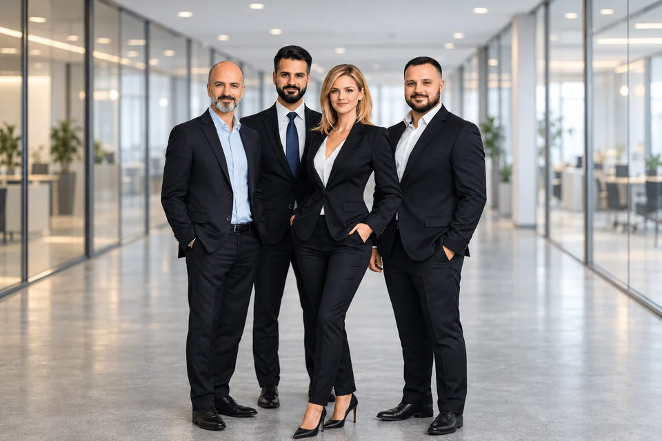 Das Team von Focusberg Immobilien: Ali Sanli, Gazi Korkmaz, Julia König (KI-Assistenz, keine reale Person) und Arigon Avdija